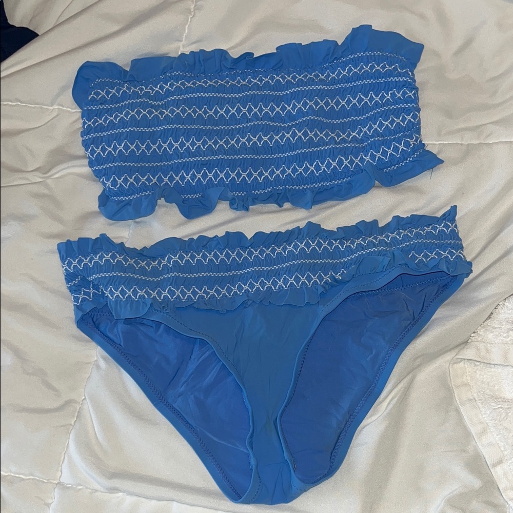 Tory Burch Light Blue Smocked Ruffle Bikini Set